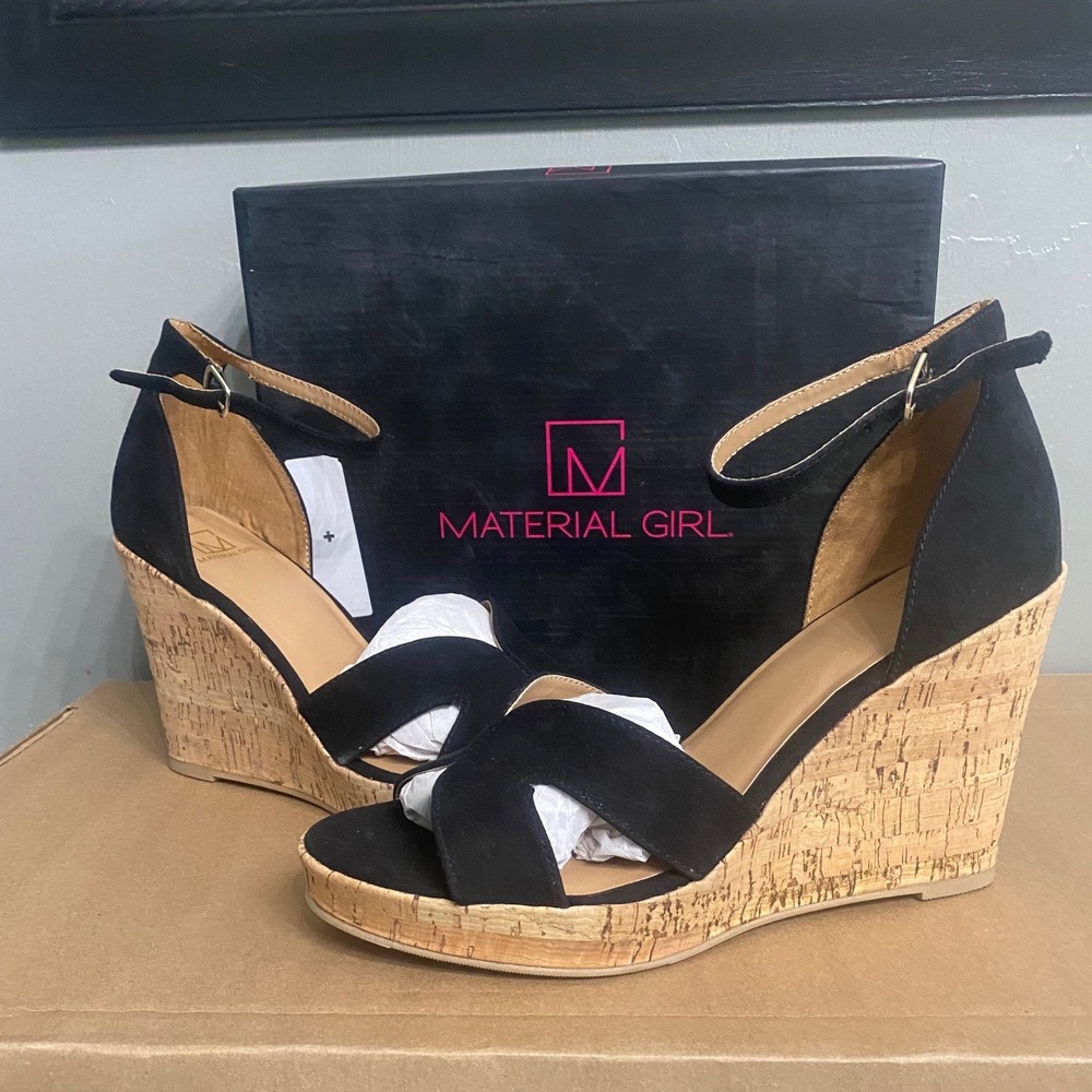 Material Girl Mbretta Black Cork Wedge Sandals Womens 10.5 M Ankleβ Strap Shoes